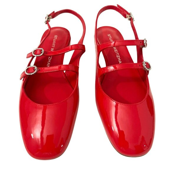 Stuart Weitzman $475 Claris Red Patent Leather Rhinestone Slingback 7.5 NEW - Picture 3 of 10